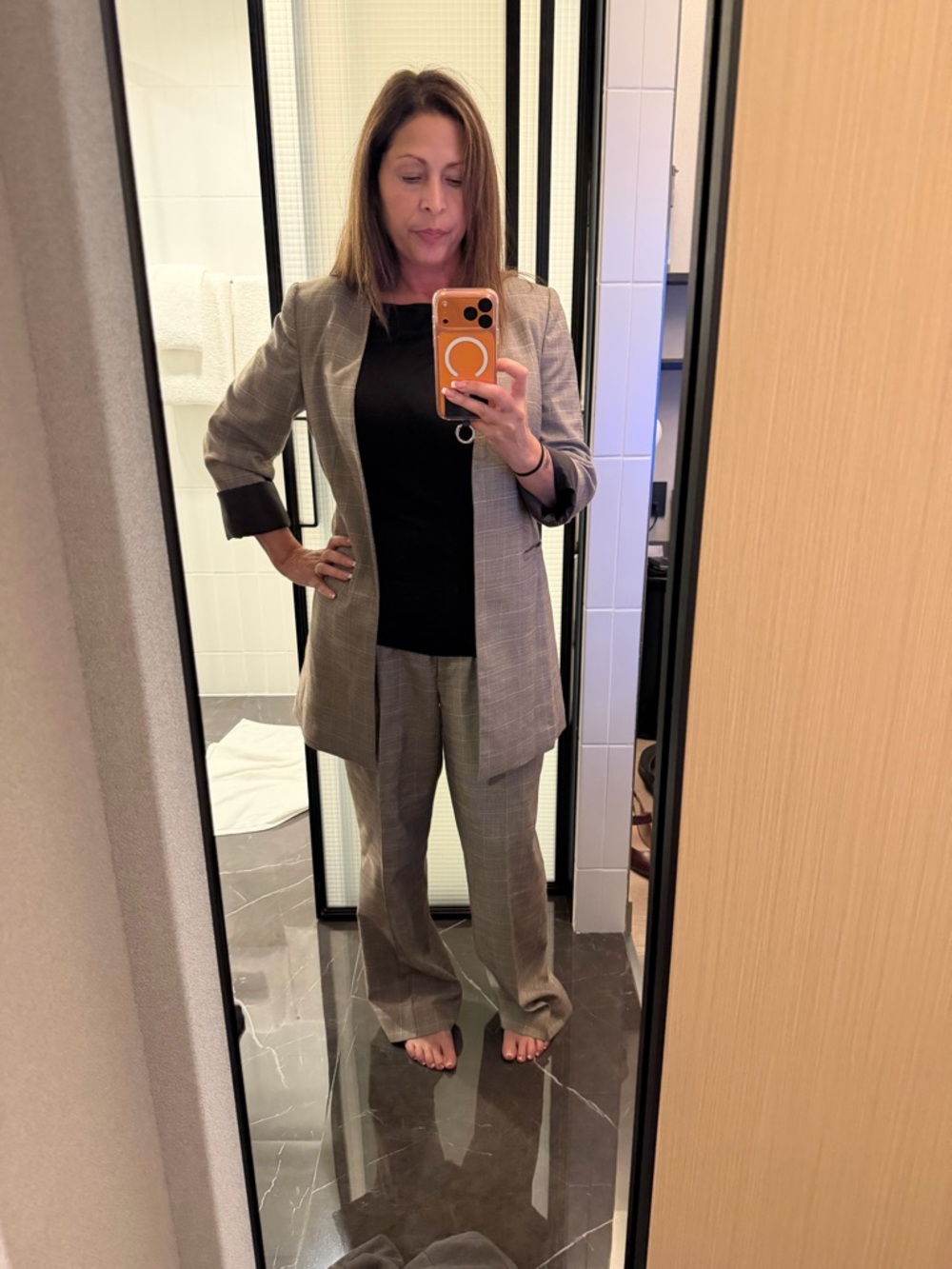 Calvin Klein Women's Two-Piece Plaid Blazer and Trouser Set - Taupe Check